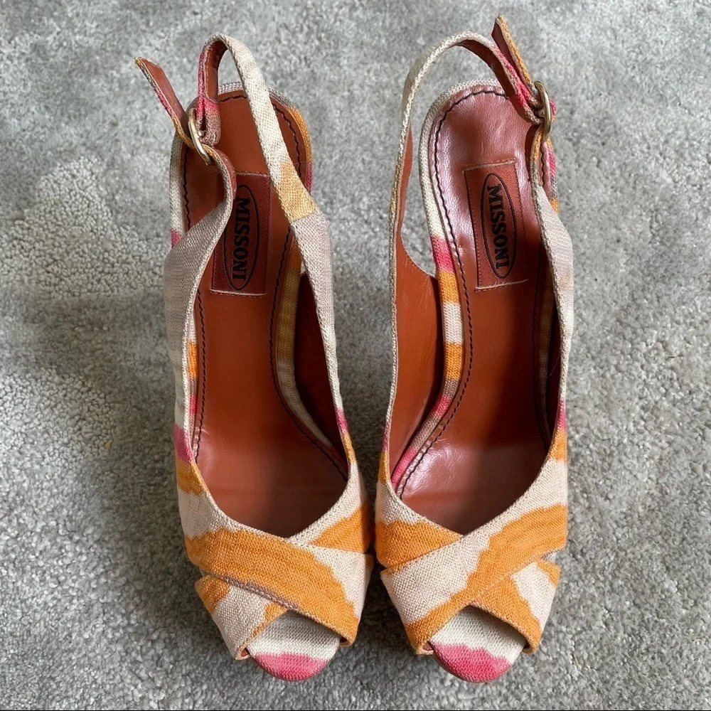Missoni Multicolor Ikat Printed Fabric Leather Slingback Peep Toe Platform Heels